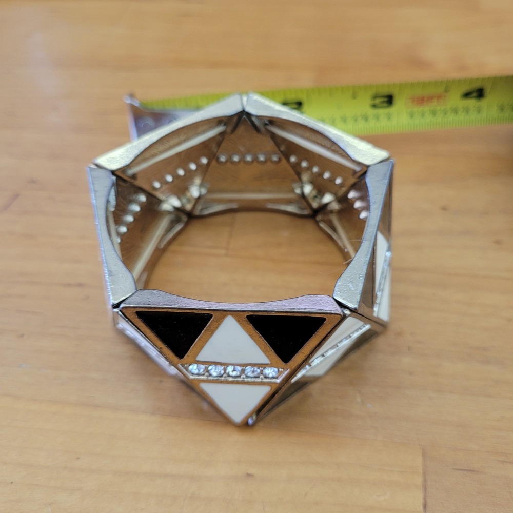 Vintage Black White Enamel Pyramid Stretch Bangle Bracelet